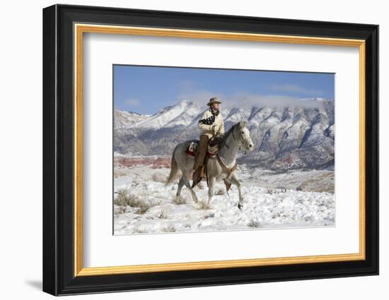 Cowboy On Grey Quarter Horse Trotting In The Snow At Flitner Ranch, Shell, Wyoming-Carol Walker-Framed Photographic Print