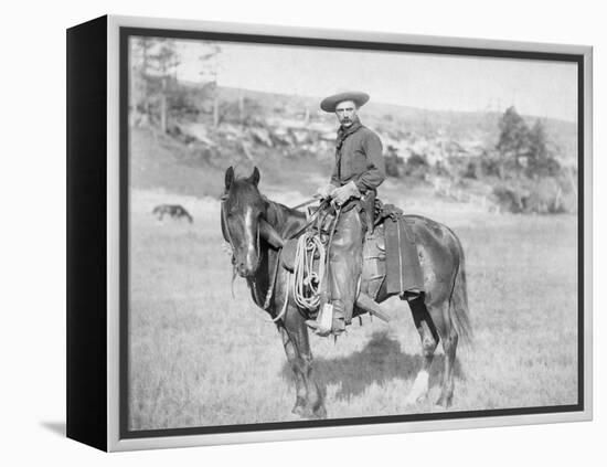 Cowboy on His Horse Photograph - South Dakota-Lantern Press-Framed Stretched Canvas