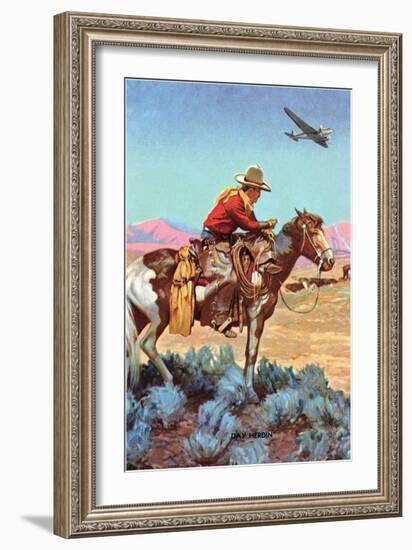 Cowboy on Horse Watching Plane-null-Framed Art Print