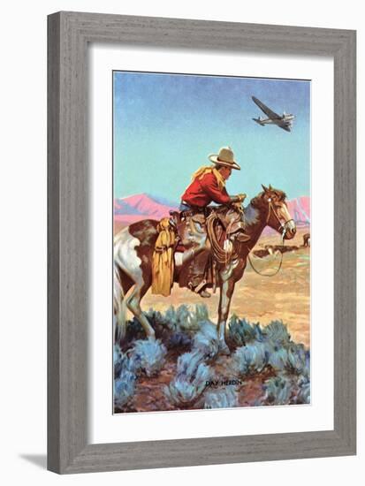 Cowboy on Horse Watching Plane-null-Framed Art Print