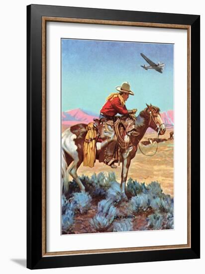 Cowboy on Horse Watching Plane-null-Framed Art Print