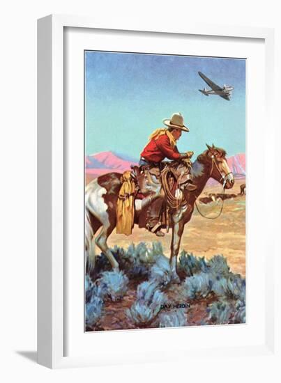 Cowboy on Horse Watching Plane-null-Framed Art Print