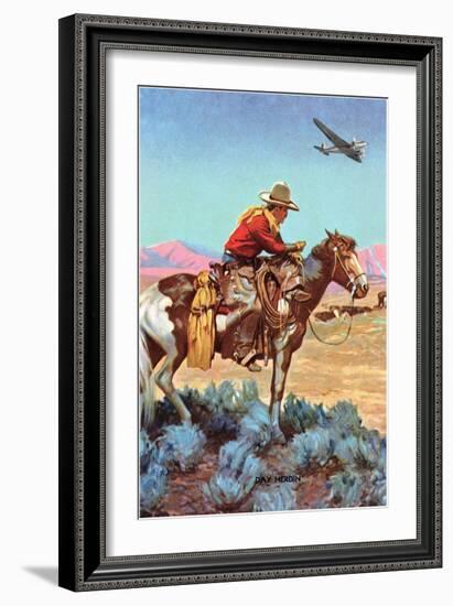 Cowboy on Horse Watching Plane-null-Framed Art Print