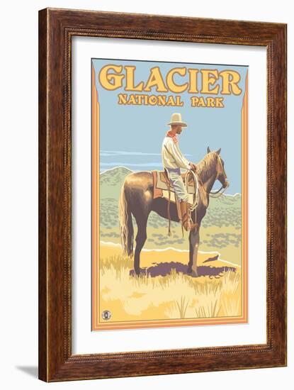 Cowboy on Horseback, Glacier National Park, Montana-Lantern Press-Framed Art Print