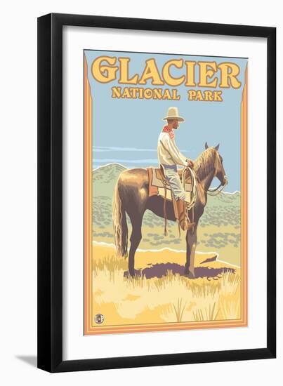 Cowboy on Horseback, Glacier National Park, Montana-Lantern Press-Framed Art Print