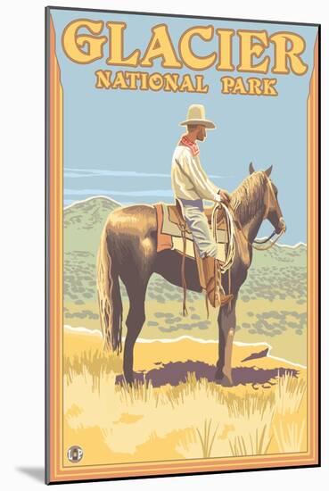 Cowboy on Horseback, Glacier National Park, Montana-Lantern Press-Mounted Art Print