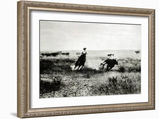 Cowboy on Horseback Lassooing a Calf-L.a. Huffman-Framed Giclee Print