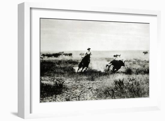 Cowboy on Horseback Lassooing a Calf-L.a. Huffman-Framed Giclee Print