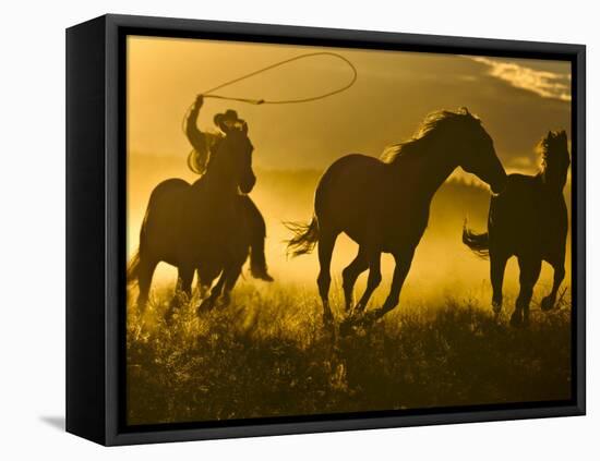 Cowboy on Horseback, Ponderosa Ranch, Seneca, Oregon, USA-Wendy Kaveney-Framed Premier Image Canvas