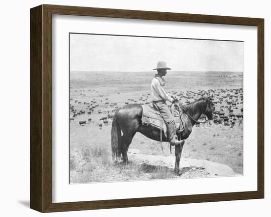 Cowboy on Horseback Watches His Herd Photograph - Texas-Lantern Press-Framed Art Print