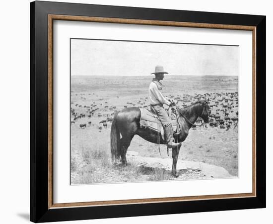 Cowboy on Horseback Watches His Herd Photograph - Texas-Lantern Press-Framed Art Print