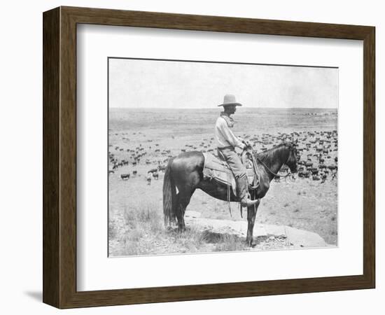 Cowboy on Horseback Watches His Herd Photograph - Texas-Lantern Press-Framed Art Print