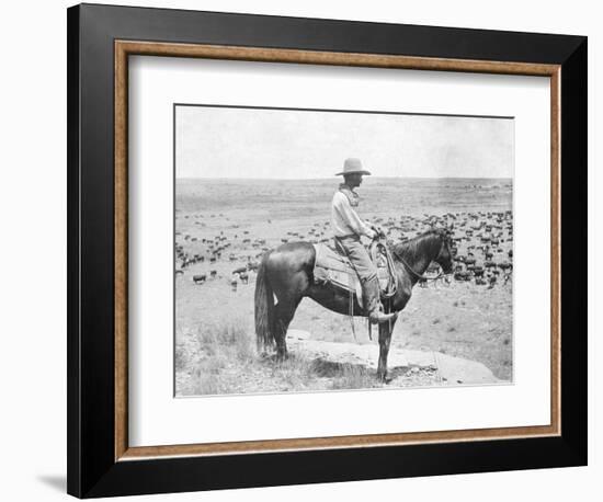 Cowboy on Horseback Watches His Herd Photograph - Texas-Lantern Press-Framed Art Print