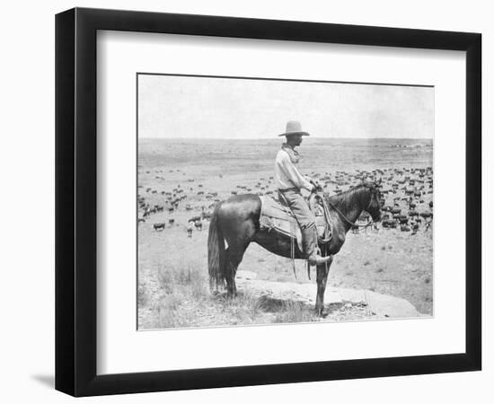 Cowboy on Horseback Watches His Herd Photograph - Texas-Lantern Press-Framed Art Print