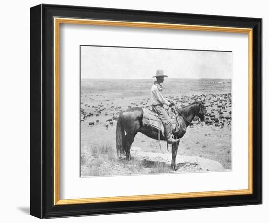 Cowboy on Horseback Watches His Herd Photograph - Texas-Lantern Press-Framed Art Print