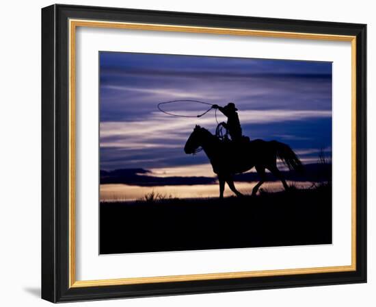 Cowboy on Horses on Hideout Ranch, Shell, Wyoming, USA-Joe Restuccia III-Framed Photographic Print