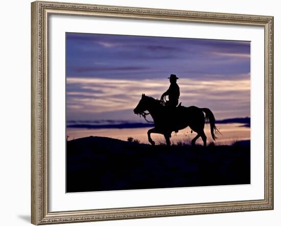Cowboy on Horses on Hideout Ranch, Shell, Wyoming, USA-Joe Restuccia III-Framed Photographic Print