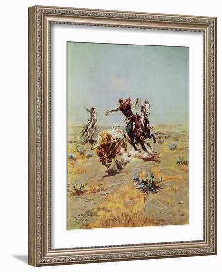 Cowboy Roping A Steer-Charles Marion Russell-Framed Art Print