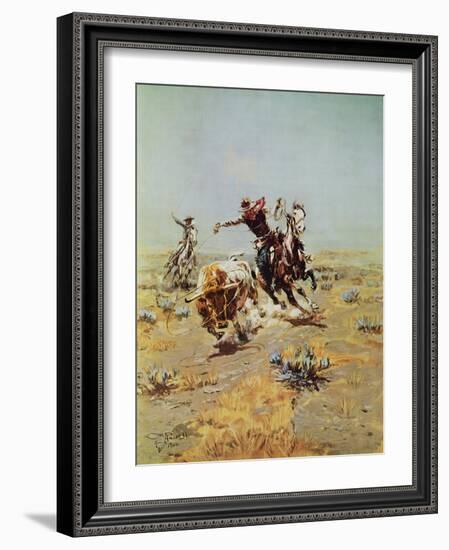 Cowboy Roping A Steer-Charles Marion Russell-Framed Art Print