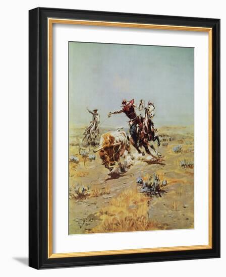 Cowboy Roping A Steer-Charles Marion Russell-Framed Art Print