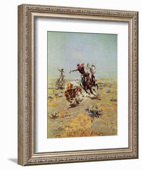 Cowboy Roping A Steer-Charles Marion Russell-Framed Art Print