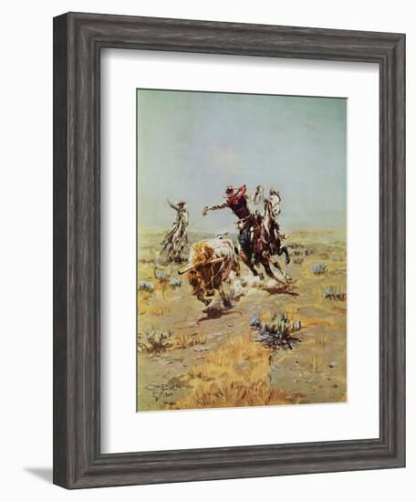 Cowboy Roping A Steer-Charles Marion Russell-Framed Art Print