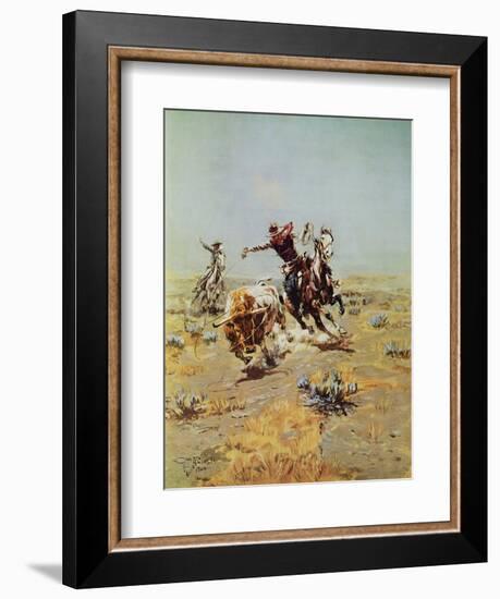 Cowboy Roping A Steer-Charles Marion Russell-Framed Art Print