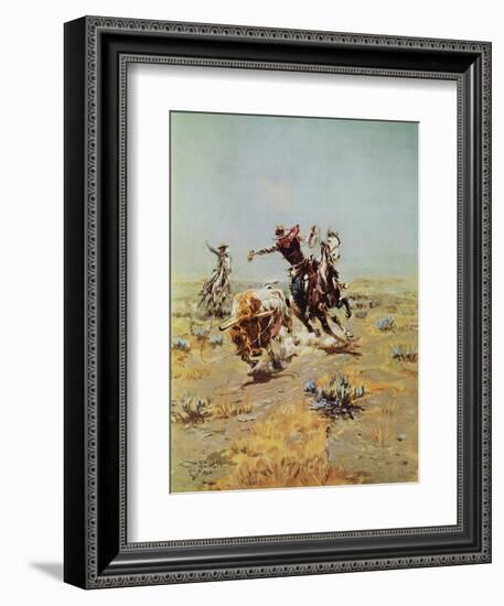 Cowboy Roping A Steer-Charles Marion Russell-Framed Art Print