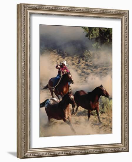 Cowboy Roping Horses-John Luke-Framed Photographic Print