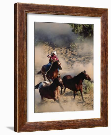 Cowboy Roping Horses-John Luke-Framed Photographic Print