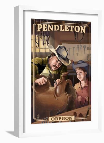 Cowboy Saddle Maker - Pendleton, Oregon-Lantern Press-Framed Art Print
