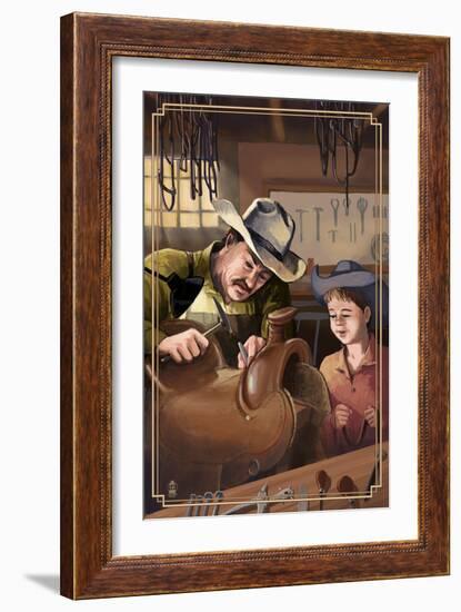 Cowboy Saddle Maker-Lantern Press-Framed Art Print