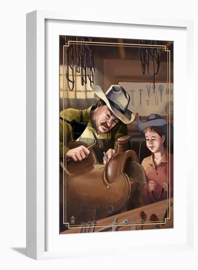 Cowboy Saddle Maker-Lantern Press-Framed Art Print