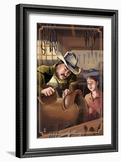 Cowboy Saddle Maker-Lantern Press-Framed Art Print
