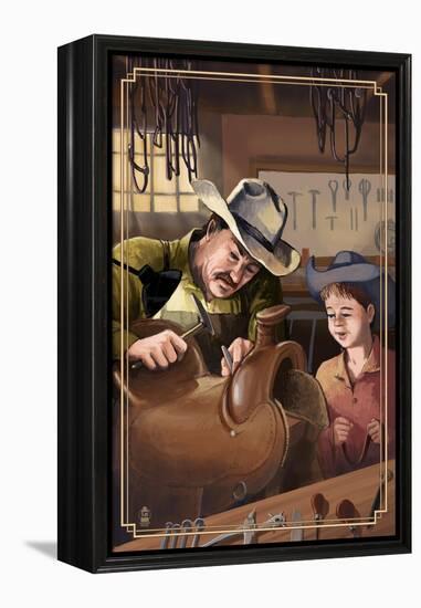 Cowboy Saddle Maker-Lantern Press-Framed Stretched Canvas