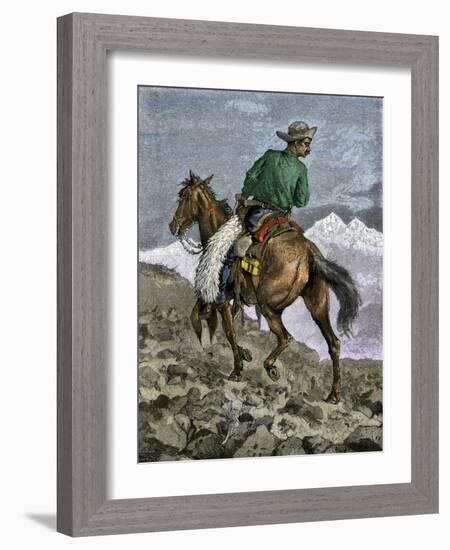 Cowboy Searching for Stray Cattle in the Rocky Mountains-null-Framed Giclee Print