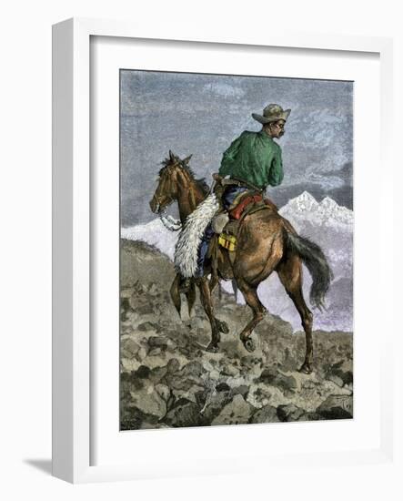 Cowboy Searching for Stray Cattle in the Rocky Mountains-null-Framed Giclee Print