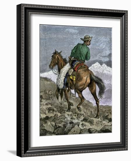 Cowboy Searching for Stray Cattle in the Rocky Mountains-null-Framed Giclee Print