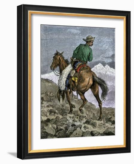 Cowboy Searching for Stray Cattle in the Rocky Mountains-null-Framed Giclee Print