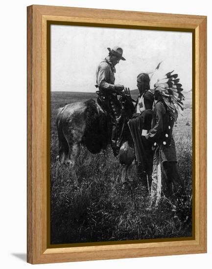 Cowboy Trading with Indians Using Sign Language - Tucumcari, NM-Lantern Press-Framed Stretched Canvas