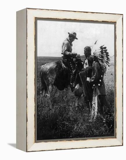 Cowboy Trading with Indians Using Sign Language - Tucumcari, NM-Lantern Press-Framed Stretched Canvas