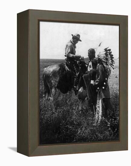 Cowboy Trading with Indians Using Sign Language - Tucumcari, NM-Lantern Press-Framed Stretched Canvas