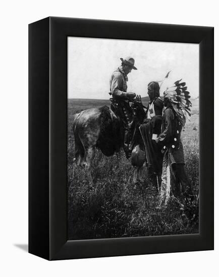 Cowboy Trading with Indians Using Sign Language - Tucumcari, NM-Lantern Press-Framed Stretched Canvas