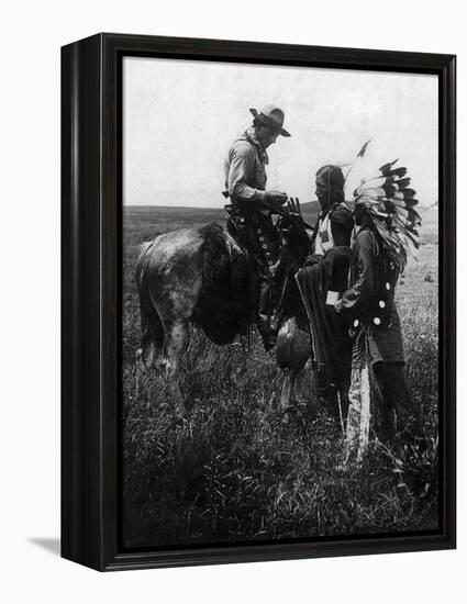 Cowboy Trading with Indians Using Sign Language - Tucumcari, NM-Lantern Press-Framed Stretched Canvas