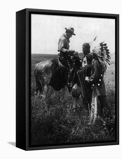 Cowboy Trading with Indians Using Sign Language - Tucumcari, NM-Lantern Press-Framed Stretched Canvas