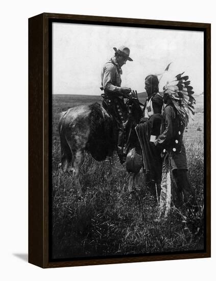 Cowboy Trading with Indians Using Sign Language - Tucumcari, NM-Lantern Press-Framed Stretched Canvas
