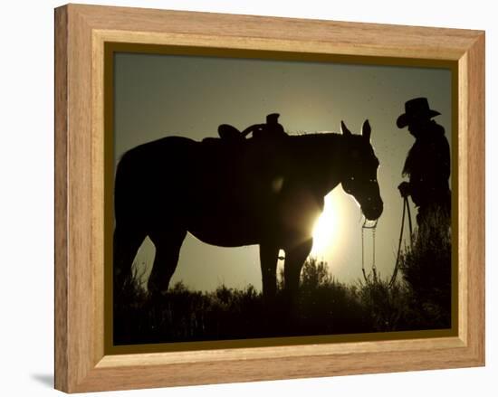 Cowboy With His Horse at Sunset, Ponderosa Ranch, Oregon, USA-Josh Anon-Framed Premier Image Canvas