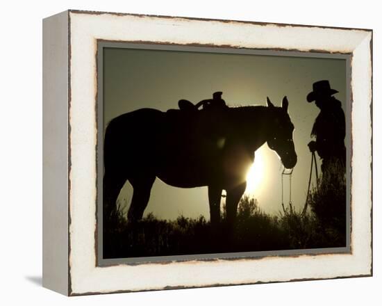 Cowboy With His Horse at Sunset, Ponderosa Ranch, Oregon, USA-Josh Anon-Framed Premier Image Canvas