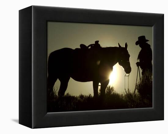 Cowboy With His Horse at Sunset, Ponderosa Ranch, Oregon, USA-Josh Anon-Framed Premier Image Canvas