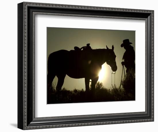 Cowboy With His Horse at Sunset, Ponderosa Ranch, Oregon, USA-Josh Anon-Framed Photographic Print